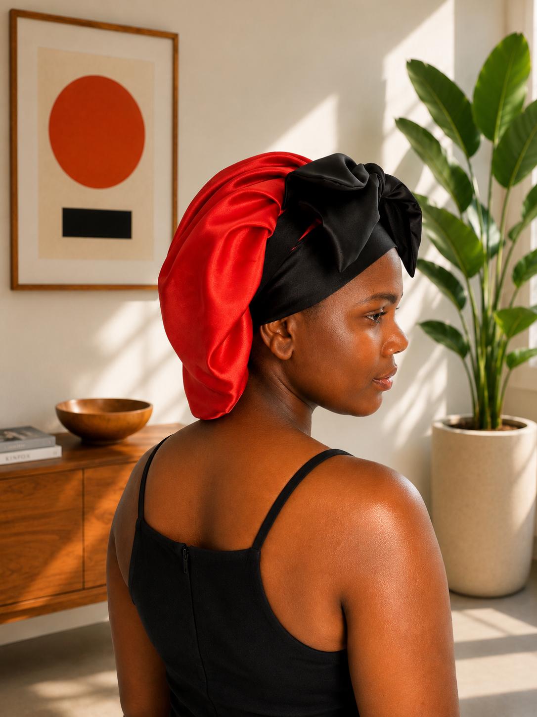 Bonnet de Nuit en Satin Or & Noir avec Ruban – Luxe, Confort et Protection Capillaire