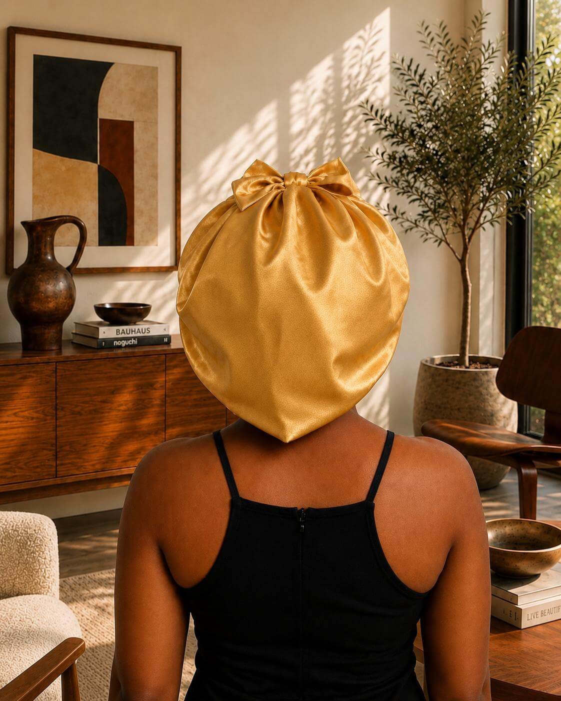 Bonnet de nuit en satin rouge et noir avec ruban