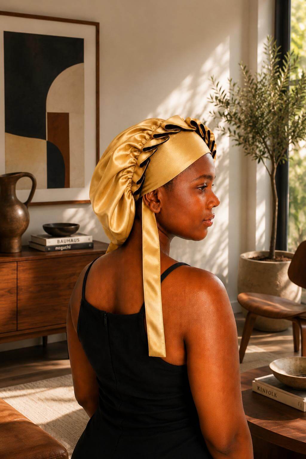 Bonnet de nuit en satin rouge et noir pour soin des cheveux