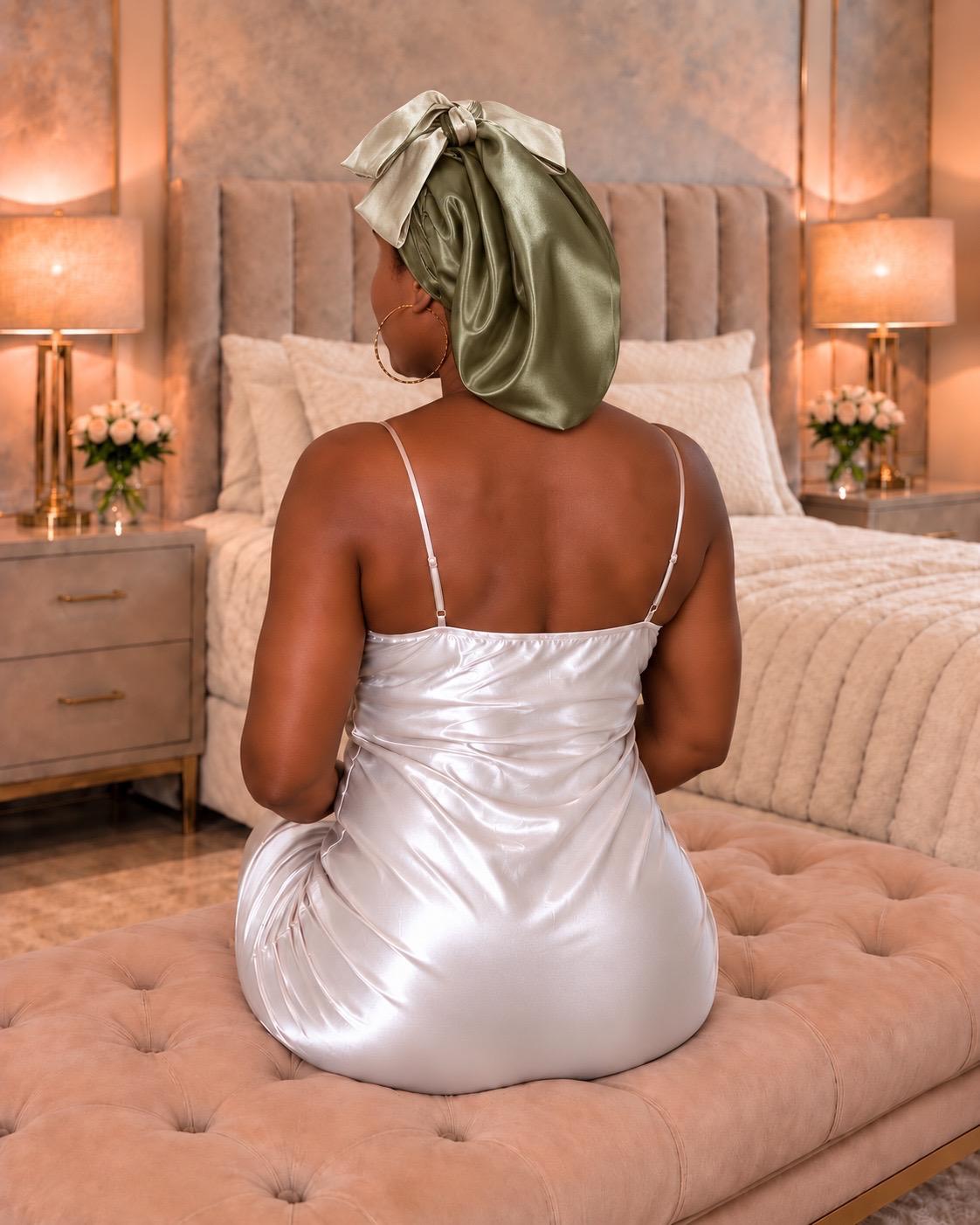 Bonnet de Nuit en Satin – Olive Kaki & Ivoire | Protection Capillaire