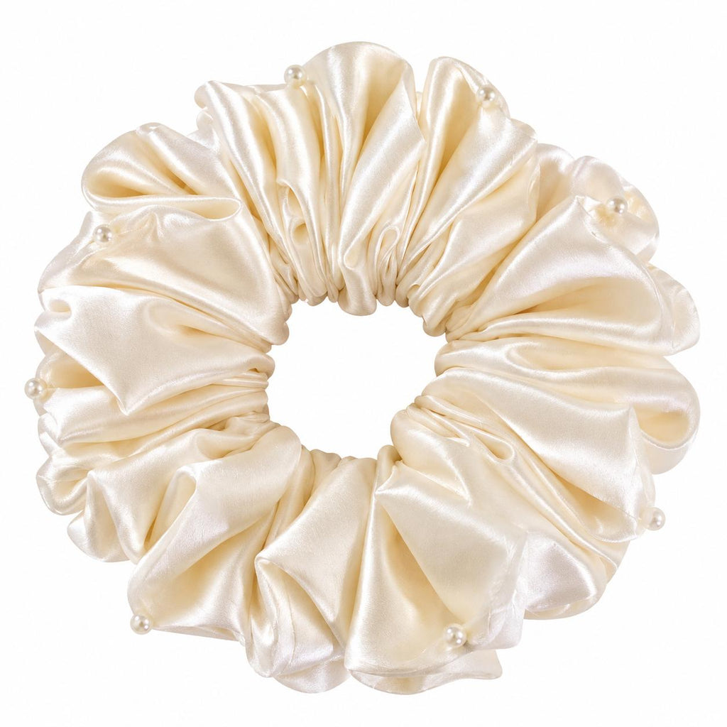 Chouchou Satin Ivoire Perlé – taille moyenne, Effet Plissé