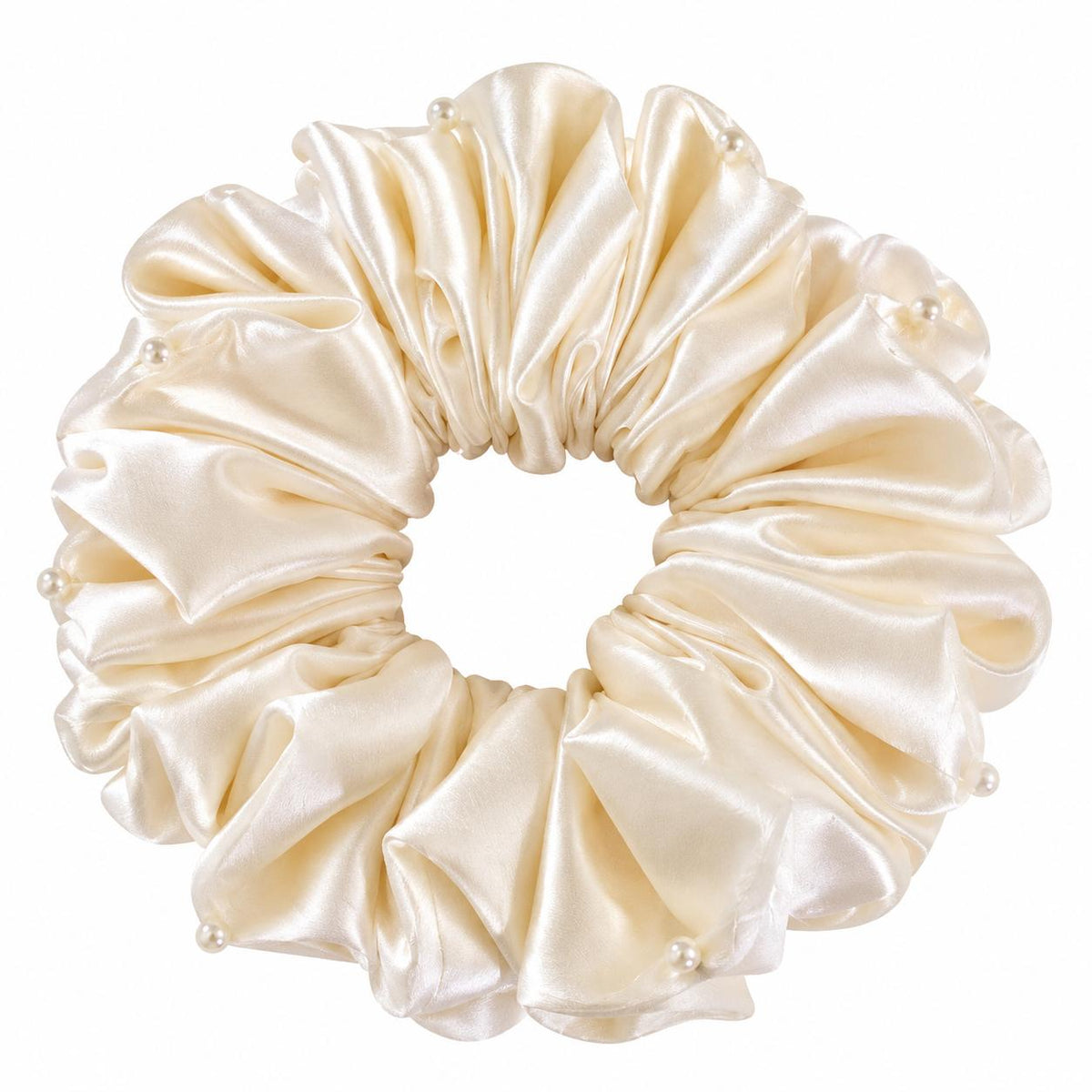 Chouchou Satin Ivoire Perlé – taille moyenne, Effet Plissé