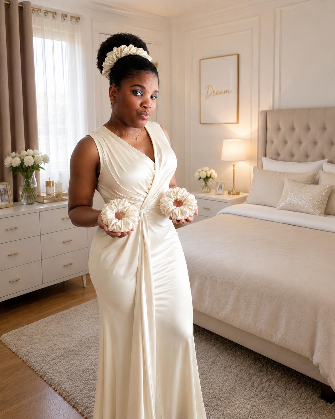 Chouchou Satin Ivoire Perlé – taille moyenne, Effet Plissé