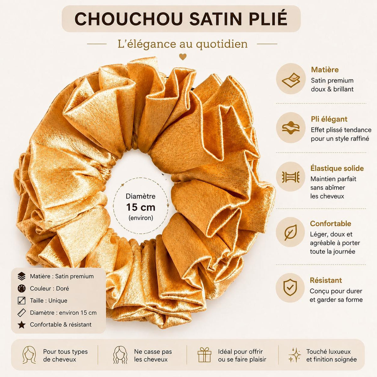Chouchou Satin Plissé Doré Luxe – Oversize
