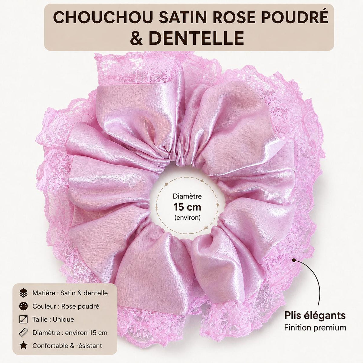 Chouchou Satin Rose Poudré & Dentelle – Oversize