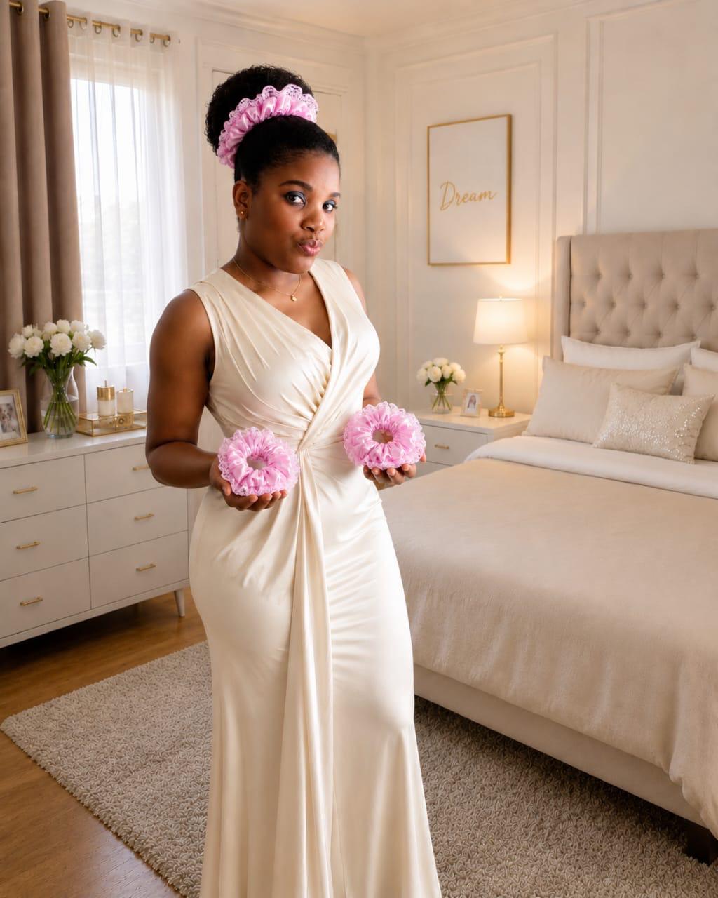 Chouchou Satin Rose Poudré & Dentelle – Oversize