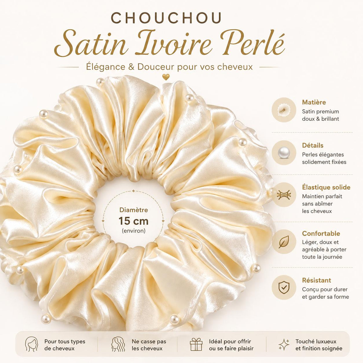 Chouchou Satin Ivoire Perlé – Oversize Plissé