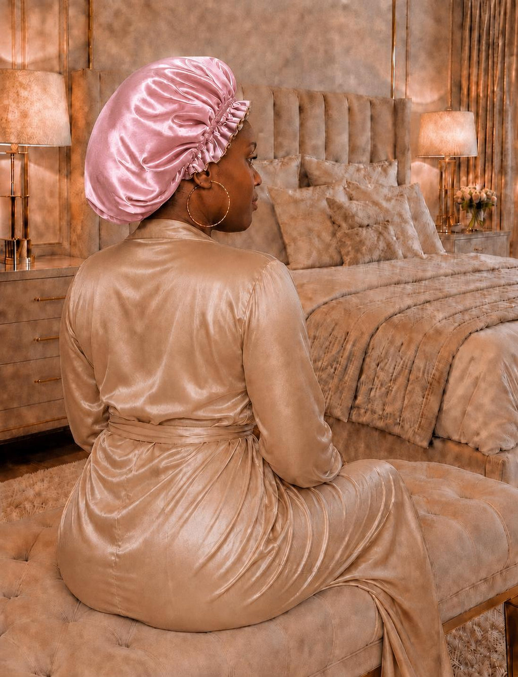 Bonnet de Nuit en Satin – Rose Poudré & Gris | Protection Capillaire