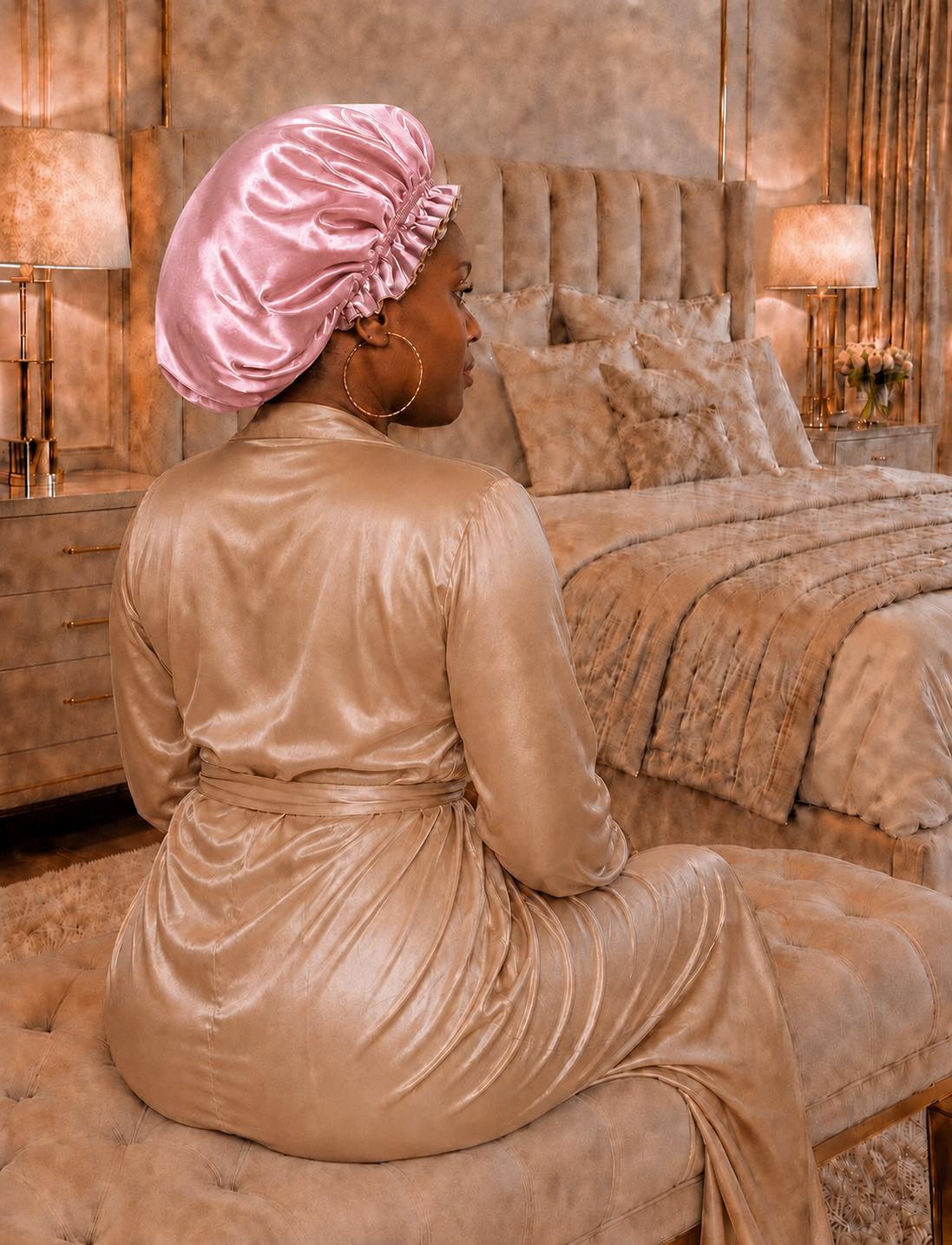 Bonnet de Nuit en Satin – Rose Poudré & Gris | Protection Capillaire