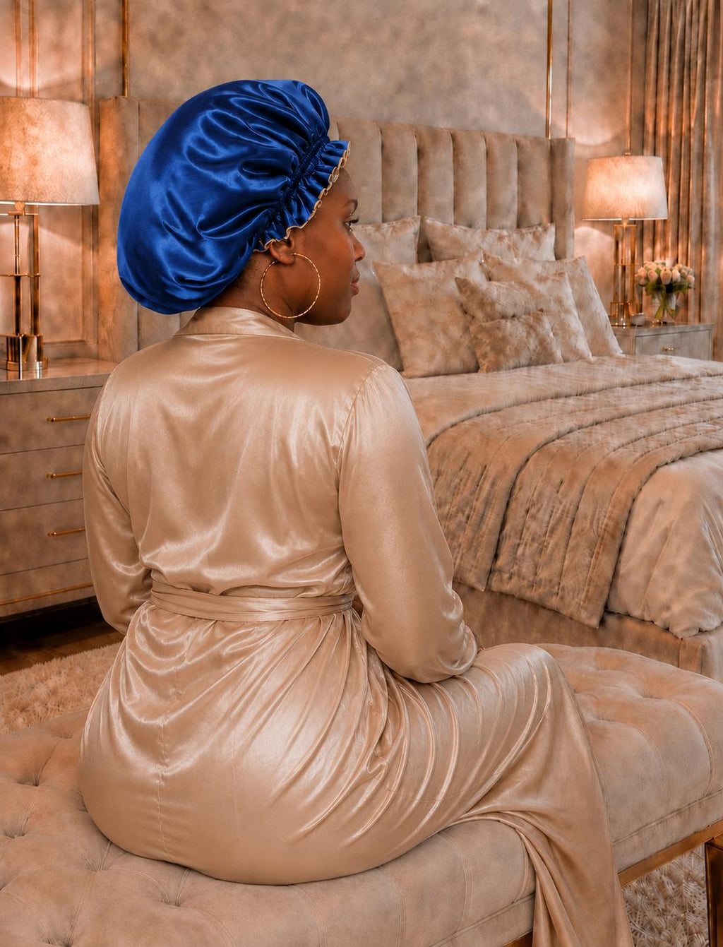 Bonnet Bleu royal et champagne.