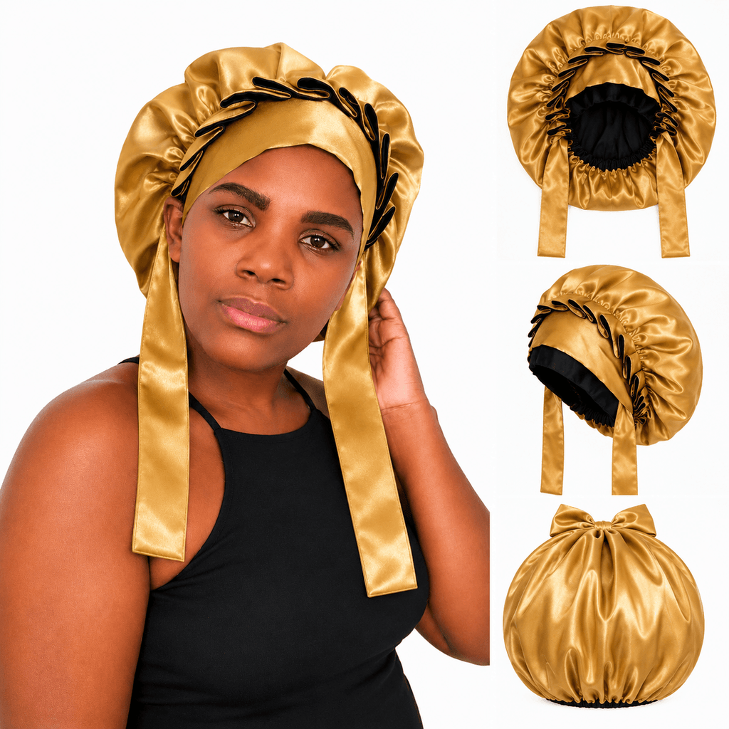 Bonnet de nuit en satin rouge et noir avec ruban