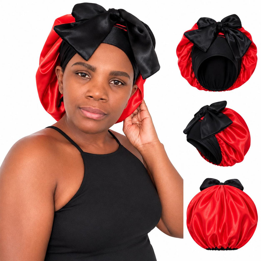 Bonnet de nuit en satin rouge & Noir avec ruban.