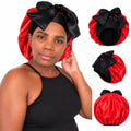 Bonnet de nuit en satin rouge & Noir avec ruban.