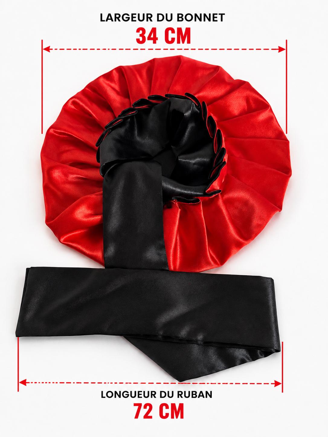 Bonnet de nuit en satin rouge & Noir avec ruban.
