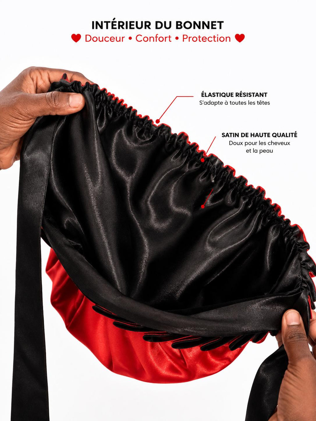 Bonnet de nuit en satin rouge & Noir avec ruban.